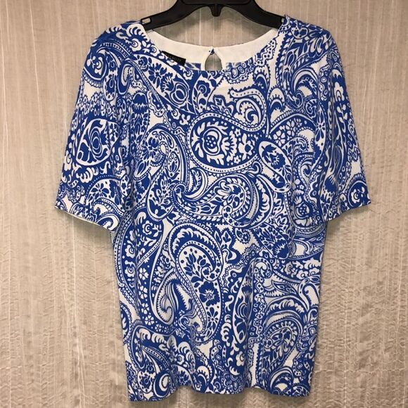 Talbots SP Knit White Blue Paisley Short Sleeve Knit Pullover Sweater Top - Picture 1 of 13